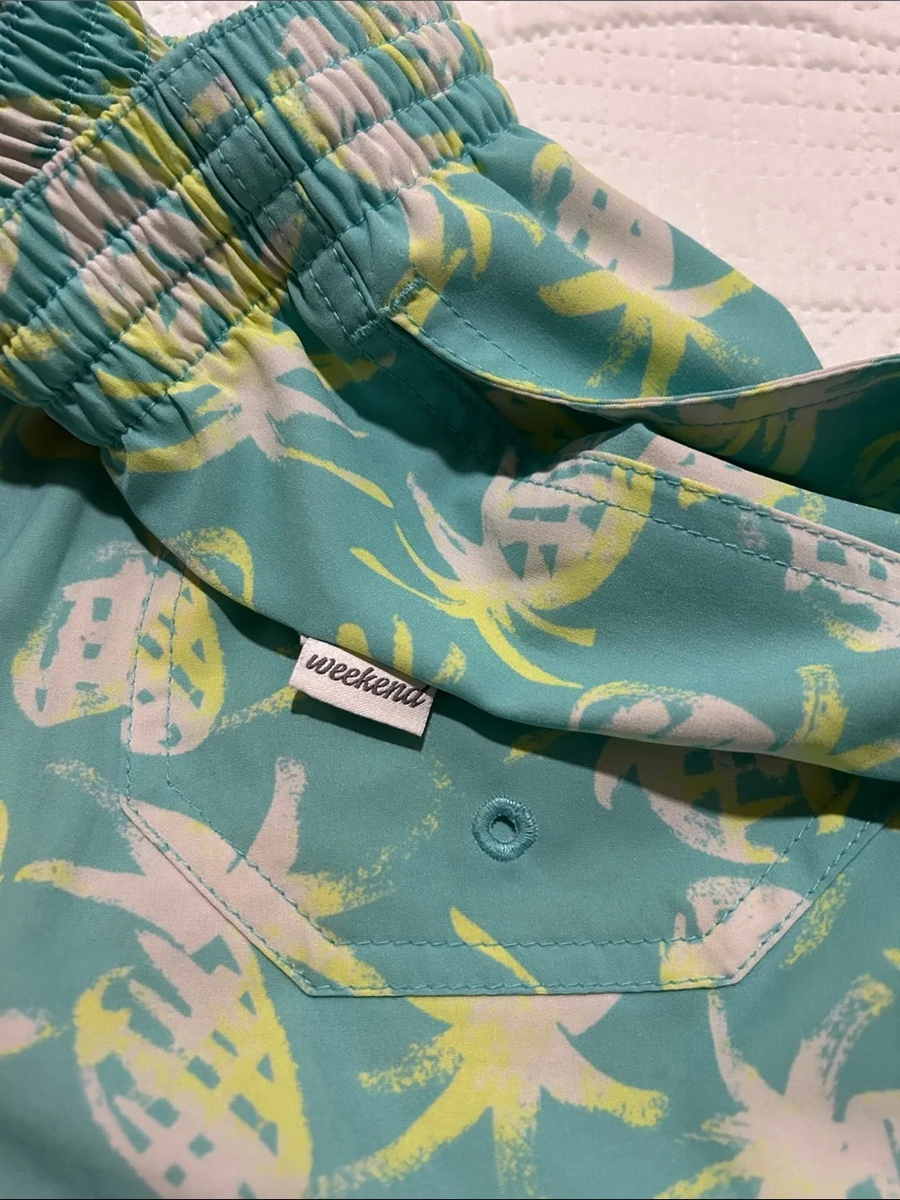 CHUBBIES Swim Trunks • bright teal w/ neon yellow & white Pineapple print SZ: L
